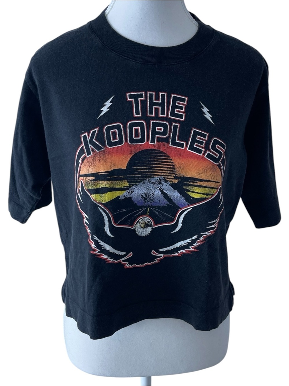 The Kooples Black Vintage Cropped Short-Sleeve Eagle Sunset Graphic Tee Small